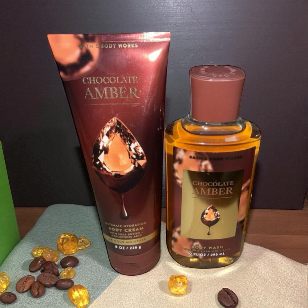 Bath & Body Works Chocolate Amber Shower Gel Body Cream Set Lot x2 Amber Warm